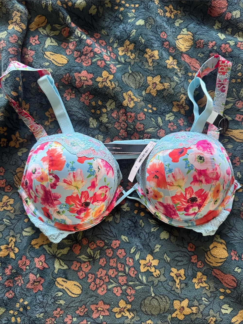 Floral Lace-Trim Light Blue Push-Up Bra